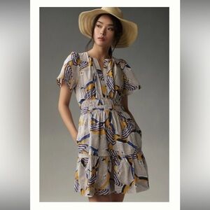 Anthropologie Abstract Blue and Yellow Somerset Mini Dress